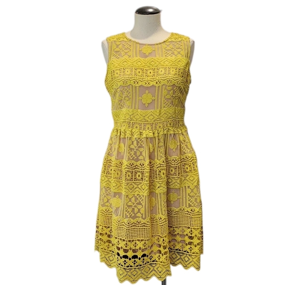Chelsea Yellow Fit & Flare Midi Dress Crew Neck